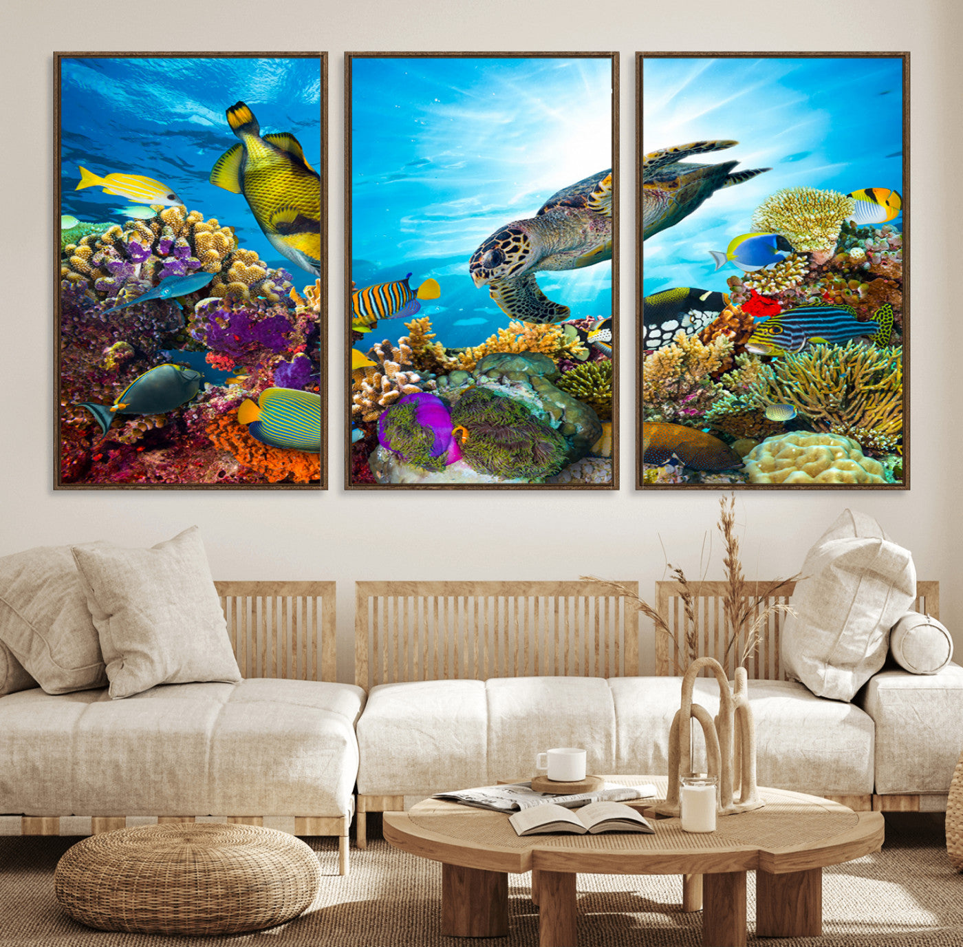44772-MGV-FC-60X30-3P_Walnut-Underwater Sea Turtle Wall Art – Vibrant Coral Reef and Tropical Fish Canvas Print, Ocean Marine Life Decor for Living Room,