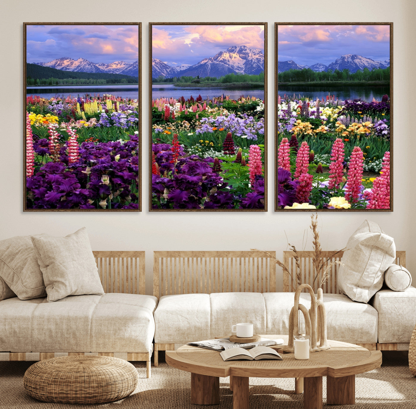82270-MGV-FC-60X30-3P_Walnut-Colorful Wildflower Meadow Landscape Wall Art – Snow-Capped Mountain Lake Sunset Print, Vibrant Nature Artwork for Living Room,