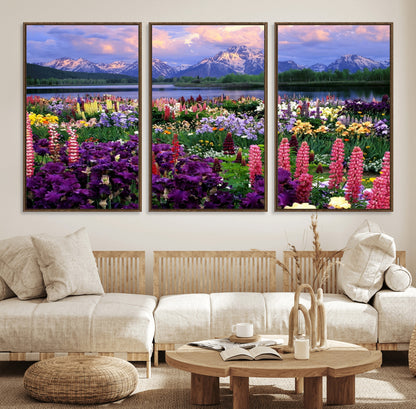 82270-MGV-FC-60X30-3P_Walnut-Colorful Wildflower Meadow Landscape Wall Art – Snow-Capped Mountain Lake Sunset Print, Vibrant Nature Artwork for Living Room,