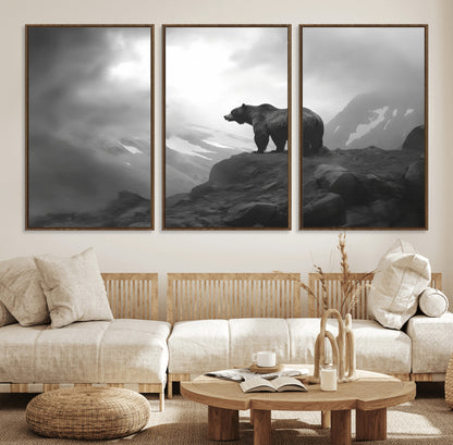 49504-MGV-FC-60X30-3P_Walnut-Black and White Grizzly Bear Wall Art – Wilderness Wildlife Painting, Rustic Mountain Cabin Decor, Monochrome Animal Print for