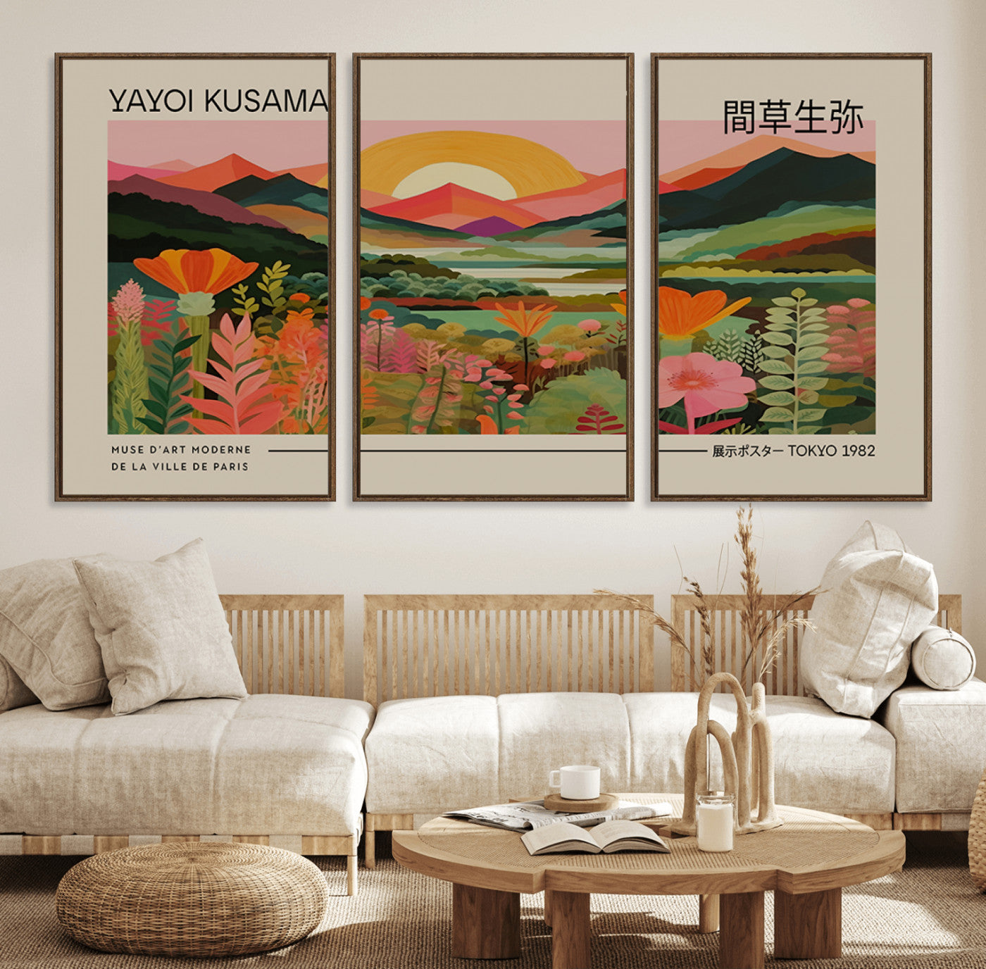 17753-MGV-FC-60X30-3P_Walnut-Floral Sunset Landscape Wall Art – Panoramic Nature Canvas Print, Vibrant Botanical Artwork for Living Room, Bedroom, Office, or