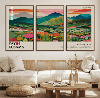 54215-MGV-FC-60X30-3P_Walnut-Yayoi Kusama Wall Art – Panoramic Japanese Landscape Canvas Print, Modern Abstract Nature Decor for Office, Bedroom or Living Room