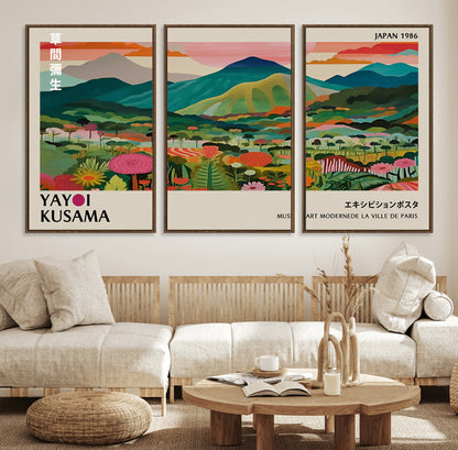 54215-MGV-FC-60X30-3P_Walnut-Yayoi Kusama Wall Art – Panoramic Japanese Landscape Canvas Print, Modern Abstract Nature Decor for Office, Bedroom or Living Room