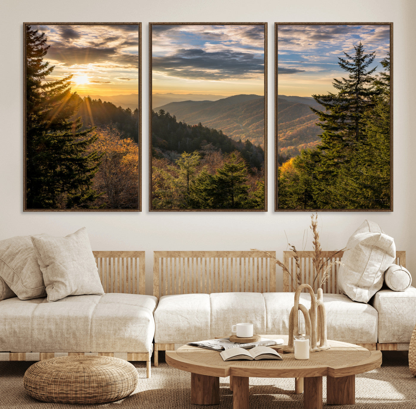 73692479-MGV-FC-60X30-3P_Walnut-Smoky Mountains Wall Art Canvas Print, Framed Forest Mountain Art Picture Print, Spring Mountain Perfect Spring Style Decor