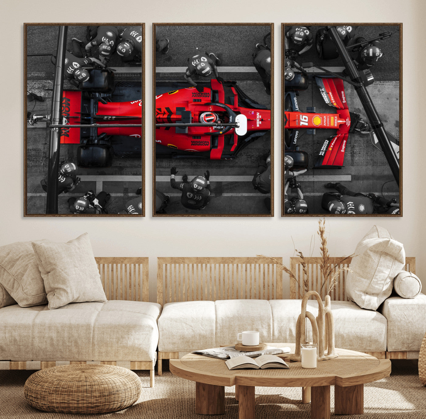 99356-MGV-FC-60X30-3P_Walnut-Ferrari Pit Stop Wall Art – Formula 1 Racing Car Canvas Print, Red Speed Machine Motorsport Decor for Office, Garage, Man Cave or