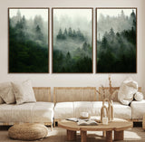 167720496-MGV-FC-60X30-3P_Walnut-Misty Forest Wall Art – Serene Evergreen Trees Canvas Print, Foggy Mountain Nature Landscape Decor for Bedroom, Living Room or