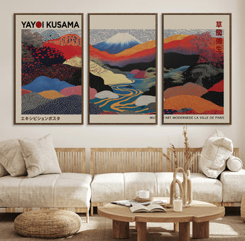49228-MGV-FC-93X47-3P_Black-Kusama Wall Art – Vibrant Japanese Landscape Canvas Print, Modern Abstract Mountain and River Decor for Living Room, Office or Art