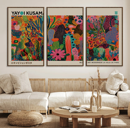 40791-MGV-FC-60X30-3P_Walnut-Kusama Inspired Wall Art – Vibrant Abstract Floral Jungle Canvas Print, Bold Pop Art Botanical Decor for Living Room, Bedroom, or