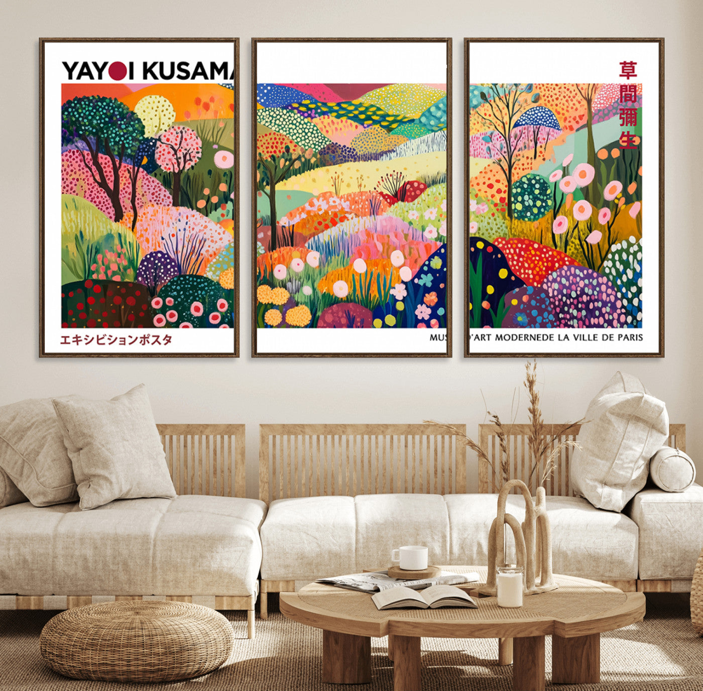 75201-MGV-FC-60X30-3P_Walnut-Yayoi Kusama Floral Wall Art – Vibrant Abstract Landscape Canvas Print, Modern Pop Art Poster for Living Room, Bedroom, or Gallery