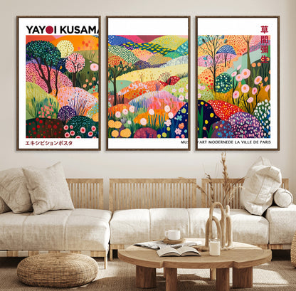 75201-MGV-FC-60X30-3P_Walnut-Yayoi Kusama Floral Wall Art – Vibrant Abstract Landscape Canvas Print, Modern Pop Art Poster for Living Room, Bedroom, or Gallery