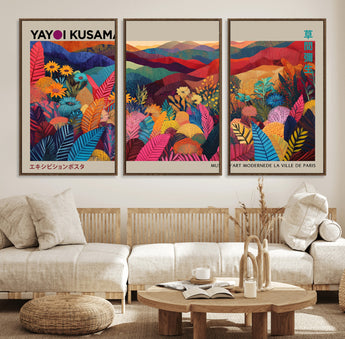 70959-MGV-FC-60X30-3P_Walnut-Yayoi Kusama Inspired Wall Art – Bold Floral Landscape Canvas Print, Vibrant Modern Abstract Poster for Living Room, Bedroom, or