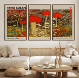 38013-MGV-FC-60X30-3P_Walnut-Yayoi Kusama Inspired Mushroom Garden Wall Art – Whimsical Botanical Canvas Print, Surreal Nature Poster, Fantasy Floral Artwork