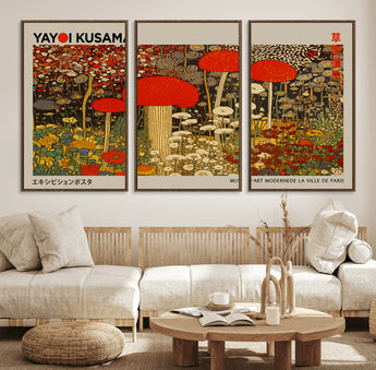 38013-MGV-FC-60X30-3P_Walnut-Yayoi Kusama Inspired Mushroom Garden Wall Art – Whimsical Botanical Canvas Print, Surreal Nature Poster, Fantasy Floral Artwork