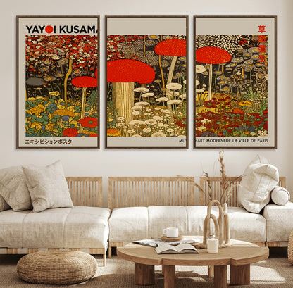38013-MGV-FC-60X30-3P_Walnut-Yayoi Kusama Inspired Mushroom Garden Wall Art – Whimsical Botanical Canvas Print, Surreal Nature Poster, Fantasy Floral Artwork