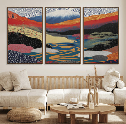 32131-MGV-FC-60X30-3P_Walnut-Japanese Mount Fuji Wall Art – Abstract Landscape Canvas Print with Swirling Sky & River, Modern Minimalist Asian Inspired Poster