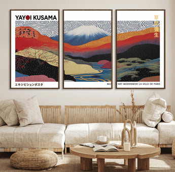 14839-MGV-FC-60X30-3P_Walnut-Yayoi Kusama Wall Art – Panoramic Mountain & River Canvas Print, Modern Abstract Japanese Landscape Decor for Living Room or