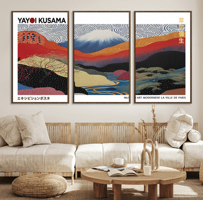 14839-MGV-FC-60X30-3P_Walnut-Yayoi Kusama Wall Art – Panoramic Mountain & River Canvas Print, Modern Abstract Japanese Landscape Decor for Living Room or