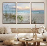 Test1001-MGV-FC-60X30-3P_Walnut-Coastal Beach Wall Art – Panoramic Ocean Waves and Sandy Dunes Canvas Print, Serene Seascape with Sea Oats for Relaxing Home or