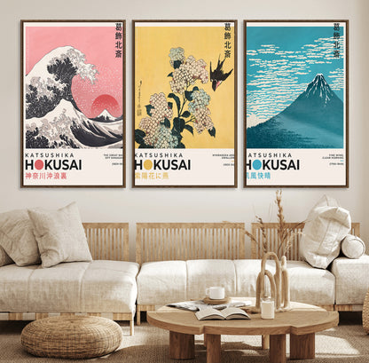 Katsushika-MGV-FC-60X30-3P_Walnut-Katsushika Hokusai Wall Art Set – The Great Wave, Hydrangea and Swallow, Fine Wind Canvas Prints, Japanese Ukiyo e Style Home and