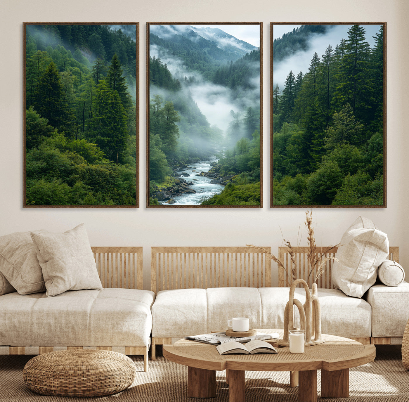 69453-MGV-FC-60X30-3P_Walnut-Mountain Forest Wall Art – Misty River and Evergreen Landscape Canvas Print, Nature Photography Poster for Living Room, Bedroom,