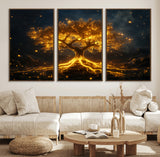 60194-MGV-FC-60X30-3P_Walnut-Glowing Tree Wall Art – Golden Roots Fantasy Canvas Print, Mystical Illuminated Tree Painting Poster for Living Room, Bedroom,