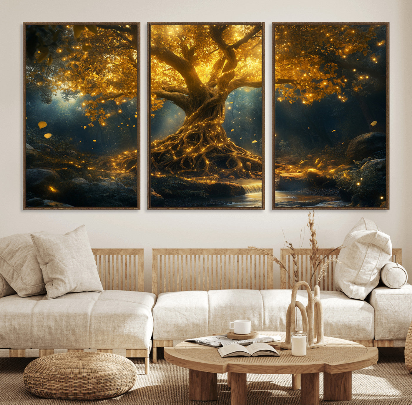 92739-MGV-FC-60X30-3P_Walnut-Glowing Tree Wall Art – Enchanted Golden Forest Canvas Print, Mystical Illuminated Nature Painting Poster for Living Room,