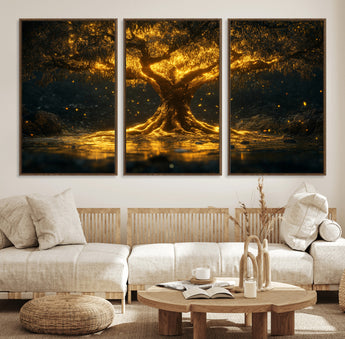 59580-MGV-FC-60X30-3P_Walnut-Glowing Tree Wall Art – Golden Fantasy Nature Canvas Print, Mystical Illuminated Tree Painting Poster for Living Room, Bedroom,