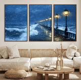 32668-MGV-FC-60X30-3P_Walnut-Stormy Pier Wall Art – Ocean Waves and Street Lamps Canvas Print, Rainy Night Seascape Oil Painting Poster for Living Room,