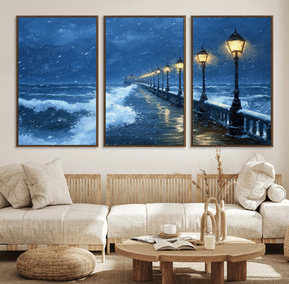 32668-MGV-FC-60X30-3P_Walnut-Stormy Pier Wall Art – Ocean Waves and Street Lamps Canvas Print, Rainy Night Seascape Oil Painting Poster for Living Room,