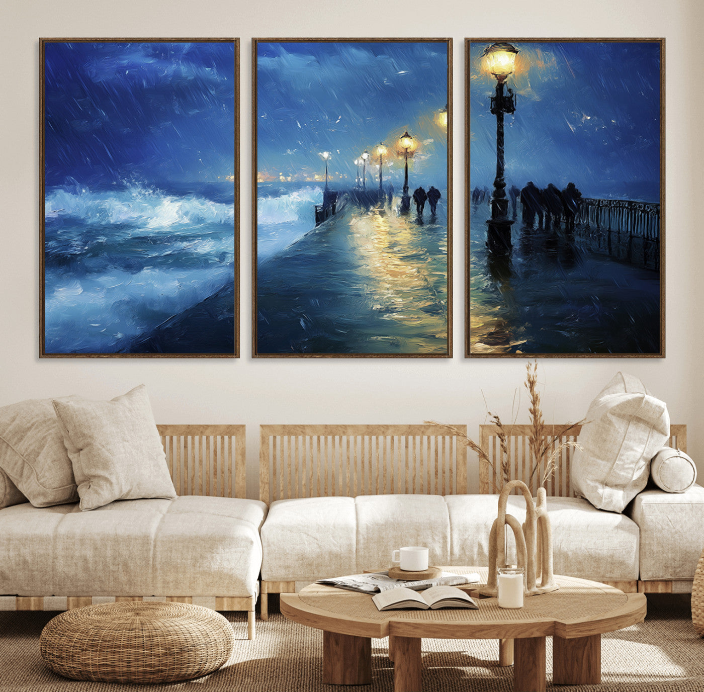 76572-MGV-FC-60X30-3P_Walnut-Stormy Night Pier Wall Art – Ocean Waves and Street Lamps Canvas Print, Rainy Seascape Oil Painting Poster for Living Room,