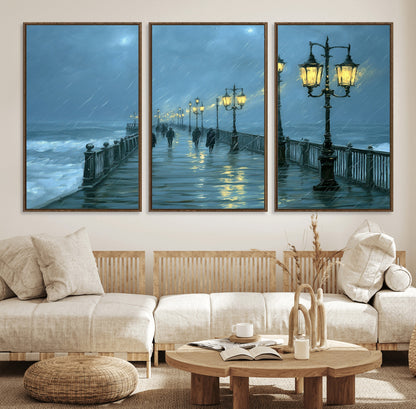 79606-MGV-FC-60X30-3P_Walnut-Rainy Pier Night Wall Art – Ocean Waves and Street Lamps Canvas Print, Moody Seascape Oil Painting Poster for Living Room,