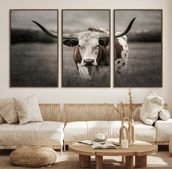 69238-MGV-FC-60X30-3P_Walnut-Longhorn Bull Wall Art – Rustic Black and White Texas Cattle Canvas Print, Western Farmhouse Animal Photography for Living Room,