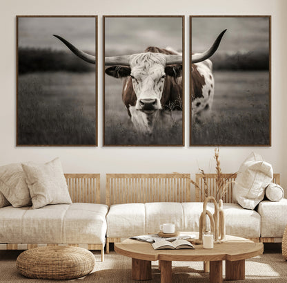 69238-MGV-FC-60X30-3P_Walnut-Longhorn Bull Wall Art – Rustic Black and White Texas Cattle Canvas Print, Western Farmhouse Animal Photography for Living Room,