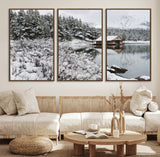 94285-MGV-CV-36X24-Snowy Cabin Wall Art Canvas Print, Framed Winter Cabin Art Picture Print, Mountain Lake Perfect Snowy Nature Decor Artwork