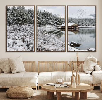 94285-MGV-CV-36X24-Snowy Cabin Wall Art Canvas Print, Framed Winter Cabin Art Picture Print, Mountain Lake Perfect Snowy Nature Decor Artwork