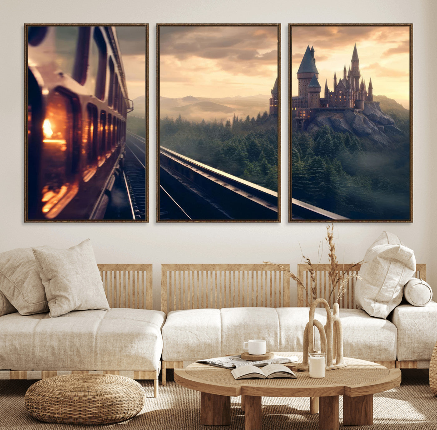 84029-MGV-CV-36X24-Fantasy Castle Wall Art – Magical Train Sunset Forest Canvas Print, Enchanted Landscape Painting Poster for Living Room, Bedroom,