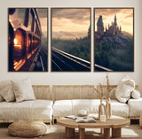 84029-MGV-CV-36X24-Fantasy Castle Wall Art – Magical Train Sunset Forest Canvas Print, Enchanted Landscape Painting Poster for Living Room, Bedroom,