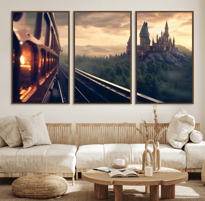 84029-MGV-CV-36X24-Fantasy Castle Wall Art – Magical Train Sunset Forest Canvas Print, Enchanted Landscape Painting Poster for Living Room, Bedroom,