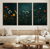 87037-MGV-CV-36X24-Wildflower Wall Art – Dark Botanical Floral Canvas Print, Modern Nature Painting Poster with Daisies Poppies Orange Flowers for