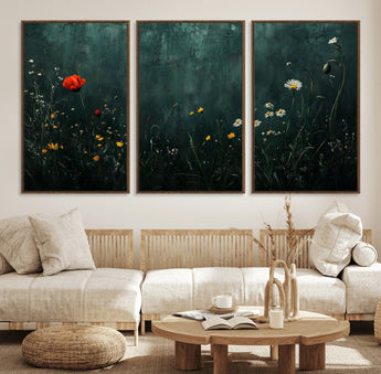 26218-MGV-CV-36X24-Wildflower Wall Art – Dark Botanical Floral Canvas Print, Modern Nature Painting Poster with Daisy Poppy Yellow Flowers for Living