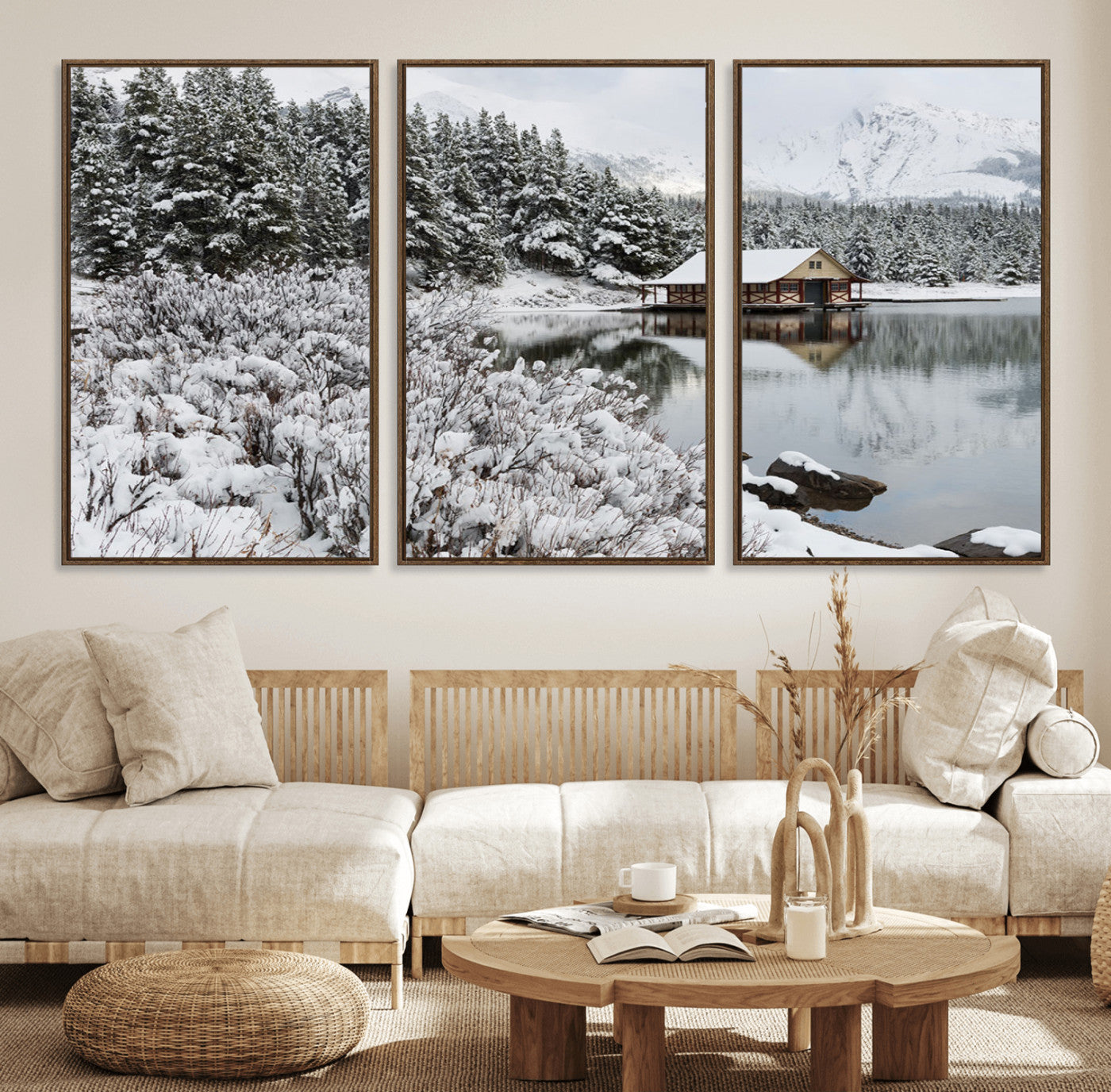 29975-MGV-FC-60X30-3P_Walnut-Winter Cabin by the Lake Wall Art – Snowy Mountain Landscape Canvas Print, Rustic Lodge Cabin Decor for Cozy Living Room, Bedroom