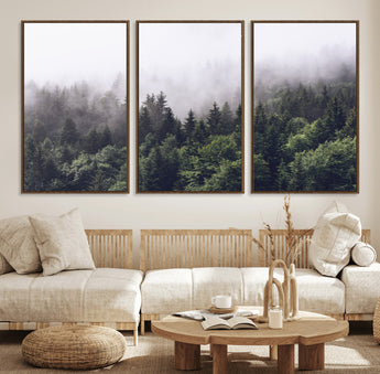 42578900-MGV-FC-60X30-3P_Walnut-Misty Pine Forest Wall Art – Tranquil Foggy Mountain Canvas Print, Nature Landscape Décor for Bedroom, Living Room, Cabin or