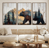 90077-MGV-CV-36X24-Wood Grizzly Bear Wall Art Canvas Print, Framed Abstract Bear Art Picture Print, Bear in Forest Perfect Rustic Lodge Decor Artwork