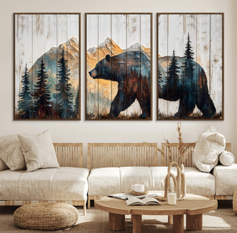 90077-MGV-CV-36X24-Wood Grizzly Bear Wall Art Canvas Print, Framed Abstract Bear Art Picture Print, Bear in Forest Perfect Rustic Lodge Decor Artwork