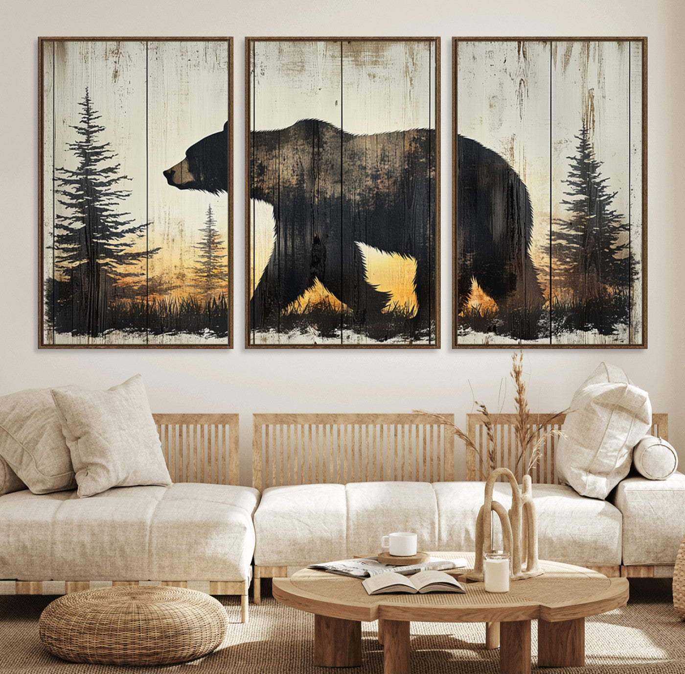 83875-MGV-CV-36X24-Sunset Bear Wall Art – Rustic Wildlife Canvas Print with Forest Silhouette, Cabin Lodge Decor for Living Room or Office