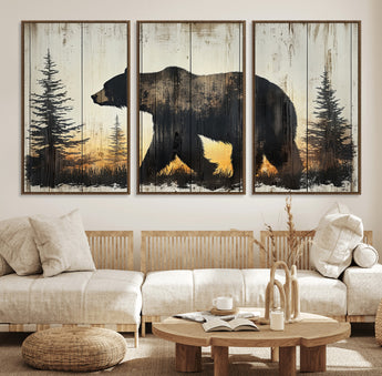 83875-MGV-CV-36X24-Sunset Bear Wall Art – Rustic Wildlife Canvas Print with Forest Silhouette, Cabin Lodge Decor for Living Room or Office