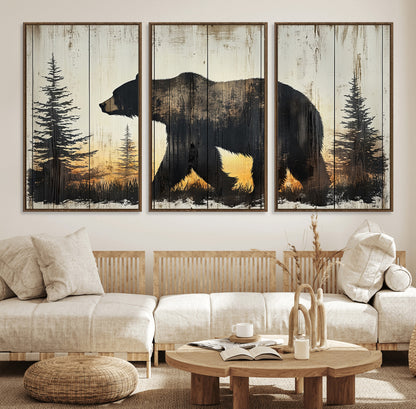 83875-MGV-CV-36X24-Sunset Bear Wall Art – Rustic Wildlife Canvas Print with Forest Silhouette, Cabin Lodge Decor for Living Room or Office