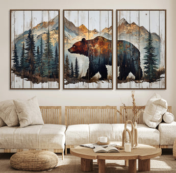 55777-MGV-CV-36X24-Rustic Bear Wall Art Canvas Print, Framed Mountain and Forest Art Picture Print, Wooden Bear Perfect Rustic Lodge Decor Artwork