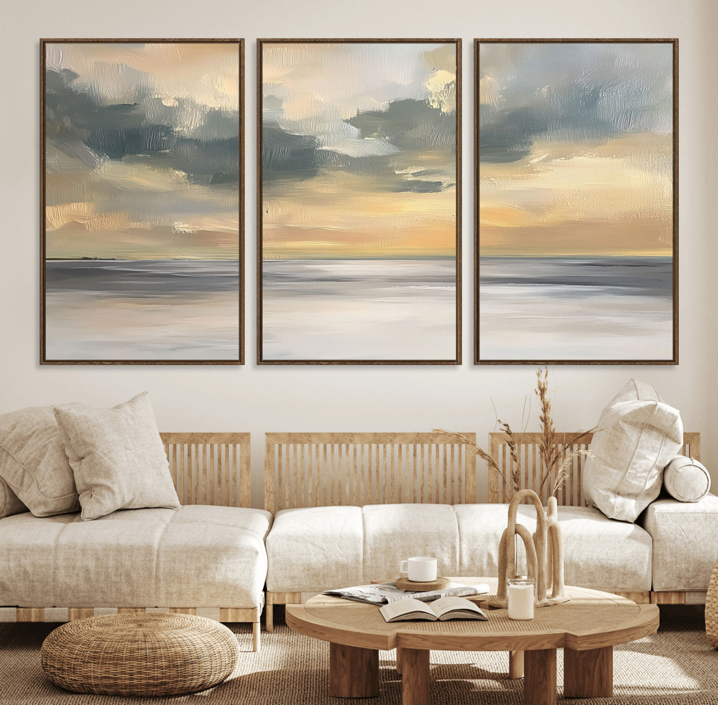45544-MGV-FC-60X30-3P_Walnut-Ocean Sunset Wall Art – Serene Seascape Canvas Print with Golden Sky and Calm Water, Coastal Beach Artwork for Living Room,