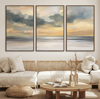 45544-MGV-FC-60X30-3P_Walnut-Ocean Sunset Wall Art – Serene Seascape Canvas Print with Golden Sky and Calm Water, Coastal Beach Artwork for Living Room,